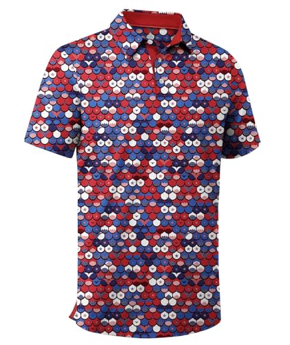 ZITY Mens Golf Shirt Short Sleeve Moisture Wicking Performance Daily Casual Print Patterns Collared Golf Polo Shirts for Men Red White Blue X-Large