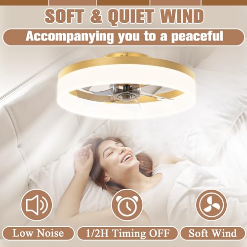 Image of VOLISUN Low Profile Ceiling Fans with Lights and Remote,15.7in Modern Ceiling Fan Flush Mount, 3000K-6500K Dimmable Bladeless LED Fan Light,Gold Fandelier Ceiling Fans with Lights for Bedroom