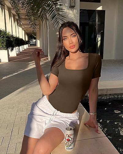 Image of OQQ 2 Piece Bodysuits for Women Square Neck Short Sleeve Bodysuit Basic Ribbed Seamless Bodysuit