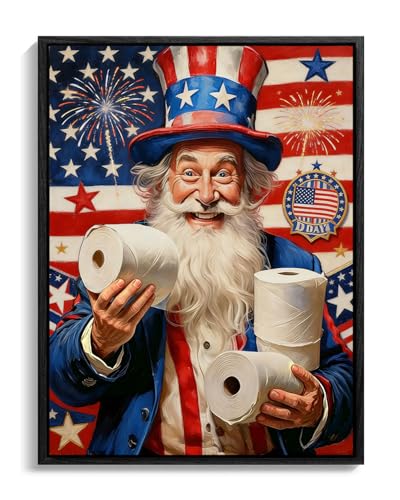 Image of American Flag Framed Canvas Wall Art, Funny 4th of July Bathroom Canvas Prints, Humorous Uncle Sam Toilet Paper Patriotic Decorations, Independence Day Wall Decor for Bathroom Living Room 6x8