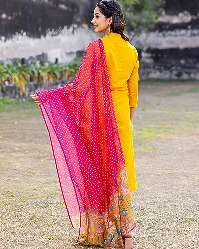 Image of GoSriKi Women's Cotton Blend Straight Printed Kurta with Pant & Dupatta