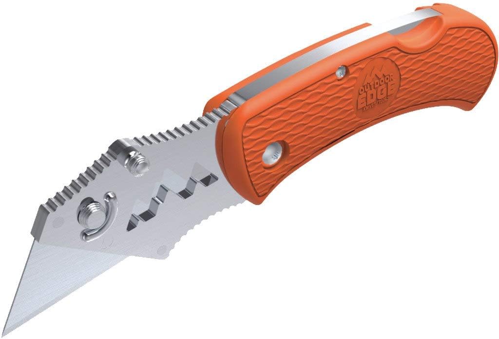 OUTDOOR EDGE BOA - Folding Utility Razor Blade Box Cutter Knife with Ergonomic Polymer Handle and Pocket Clip (Orange, 3-Blades)