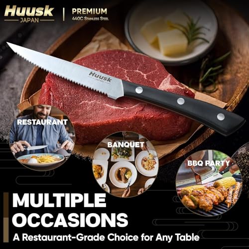 Image of Huusk Steak Knives Set of 6 with Block, Sharp Serrated Steak Knives