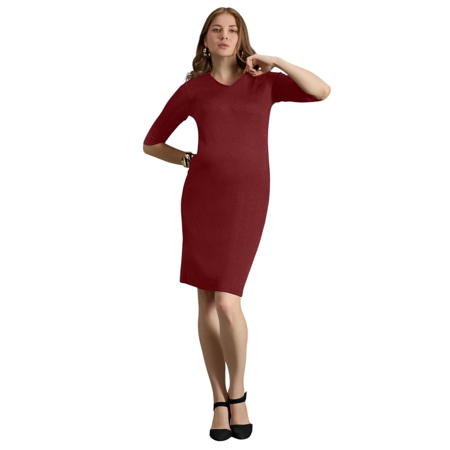 MomToBe Women's Polyester Bodycon Maternity Dress | Knee Length | Stretch Fit for Pre & Post Pregnancy | Office Wear | Elegant Solid Dress-picture-24