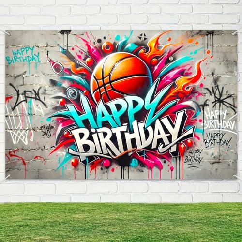 Image of BlissYard Graffiti Basketball Birthday Banner 71x43 Inch Street Art Spray Paint Sports Ball Theme Decor Banner Party Atmosphere Photography Background Indoor and Outdoor Celebration Event Decoration