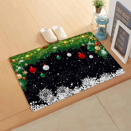 Black Christmas Kitchen Bath Door Mat Cushioned Runner Rug,Washable Welcome Floor Sink Antifatigue Mat,Waterproof & Non-Slip Comfort Standing Doormat for Kitchen,Snowflakes Balls Pine Branches 18