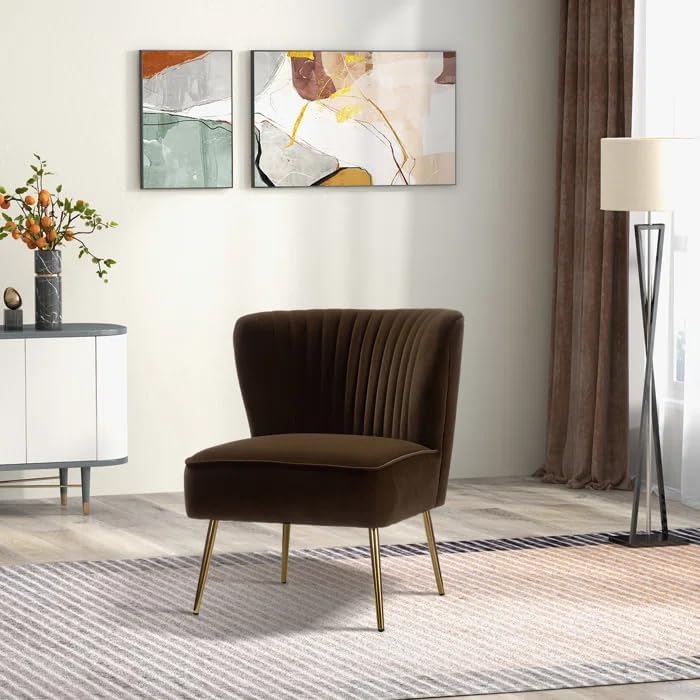 Image of Modern Upholstered Accent Velvet Chair Single Seater Channel Tufted Wing Back Chair with Golden Matel Legs for Living Room, Bedroom, Dining Room, Brown