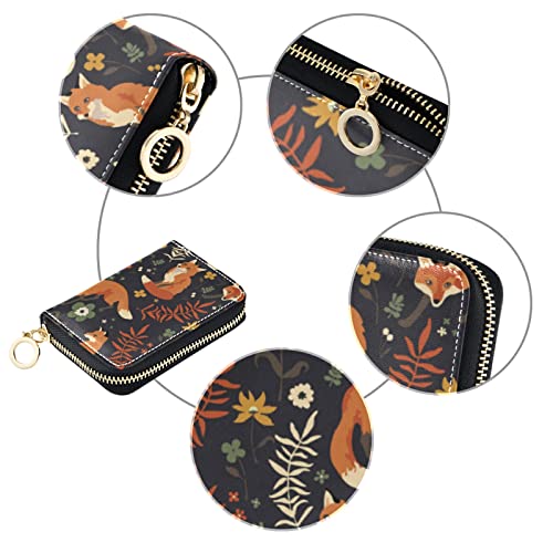Seamless Orange Foxes Walk in Grass and Floral Flowers on Dark Grey Credit Card Coin wallet, RFID Blocking Compact Women Leather Card Holder, Key Change Organizer, Zipper Purse Clutch Pouch3