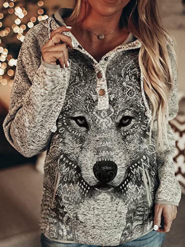 Akivide Wolf Hoodies For Women Aztec Animal Print Casual Button Drawstring Hooded Sweatshirt With Pockets (Gray, M) #TOP1