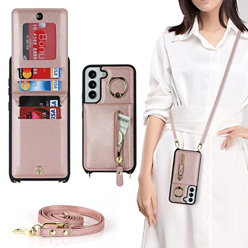 Jaorty Samsung Galaxy S21 Fe 5G Phone Case For Women With Card Holder,Samsung S21 Fe Case Wallet Crossbody Lanyard With Strap,Credit Card Slots Kickstand Case With Ring Holder,6.4 Inch,Rosegold #TOP6