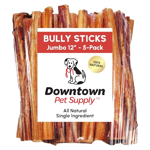 Downtown Pet Supply Jumbo Bully Sticks for Dogs - Natural Beef Chews, Low-Odor & Rawhide-Free, Long Lasting Dog Treats for Aggressive Chewers - Healthy, Safe & Delicious Chews Dogs Love (12" 5 Pack)