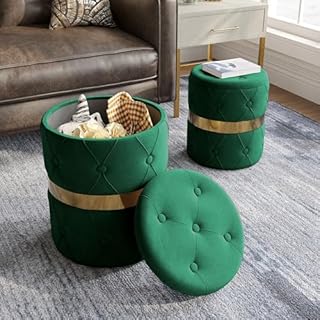 FansaFurn Storage Ottoman Set of 2, Versatile Footrest Stool with Stainless Steel Base, Modern Round Vanity Stool Chair Fo...