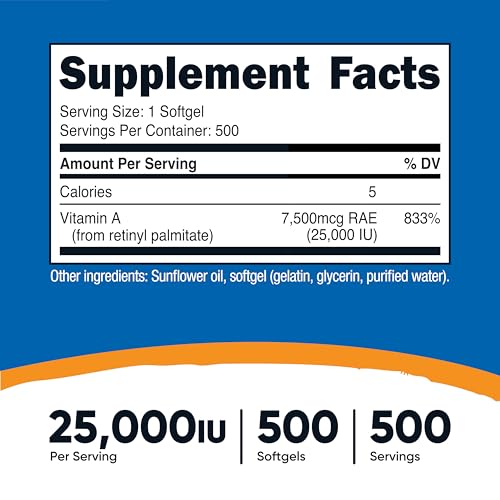 Nutricost Vitamin A 25000 IU, 500 Softgels, Non-GMO, Gluten Free - Image 2