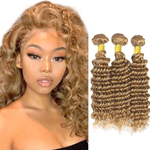 27 Bundle Deep Wave Bundles Human Hair Unprocessed Brazilian Virgin Hair 10 12 14 Inch Double Weft Weave Extensions Hair 8A Grade Honey Blonde Deep Wave