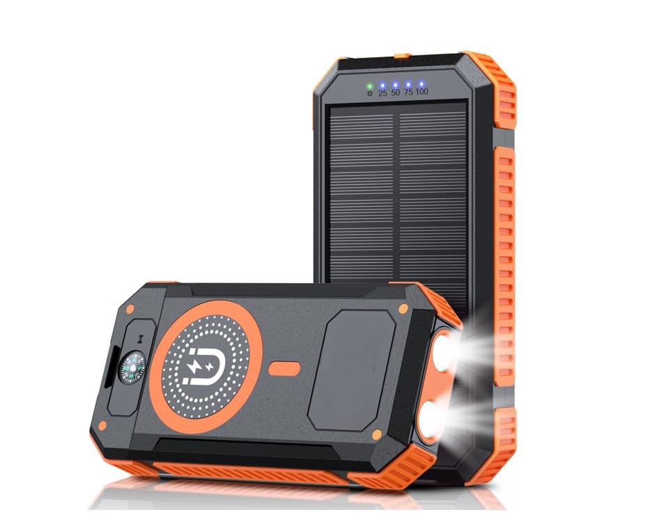 Image of LRSA Solar Power Bank, 40000mAh, Magnetic Wireless Charging, with LED Flashlight and Compass, for Camping (Black)