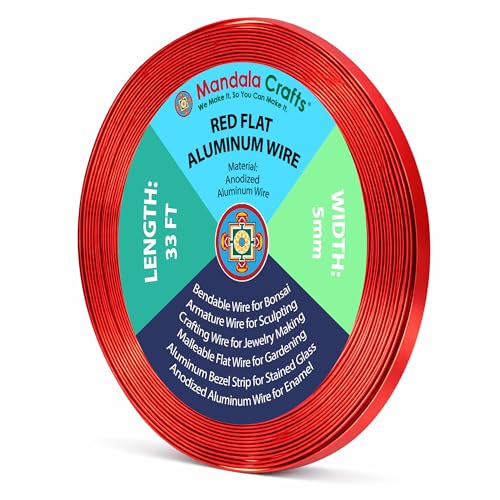 Image of Mandala Crafts 5mm Red Flat Aluminum Crafting Wire for Sculpting | 33 Feet, Anodized, Colored, Tarnish Resistant, Bendable, Flexible, for Jewelry Making, Bezel, Bonsai, Armature, Outdoor