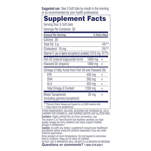 Image of TheraTears Omega 3 Supplement for Eye Care,1200mg Fish Oil and Organic Flaxseed Oil with Vitamin E,180 Count (Pack of 2)