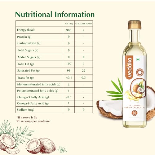 Image of Amazon Brand - Vedaka Cold Pressed Virgin Coconut Oil | 500 Ml Bottle | 100% Pure | Effective with Good Smell (Pack of 2)