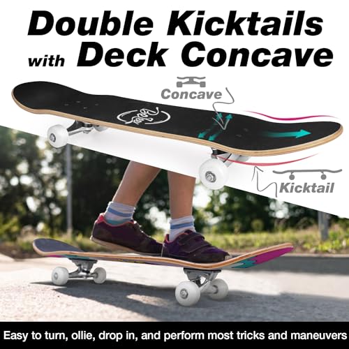 Image of BELEEV Skateboards for Beginners, 31 x 8 inch Complete Skateboard for Kids Teens Adults, 7 Layer Canadian Maple Double Kick Deck Concave Cruiser Trick Skateboard with Multifunction Skate T-Tool