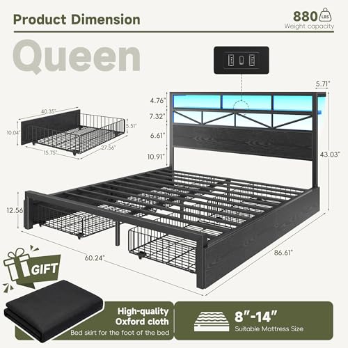Image of Homkdom Queen Bed Frame with Large 4 Drawers, 2-Tier Shelf, LED Light and Charging Station, Heavy Duty Platform Bed with 880 lbs Capacity, Easy Assembly, Black