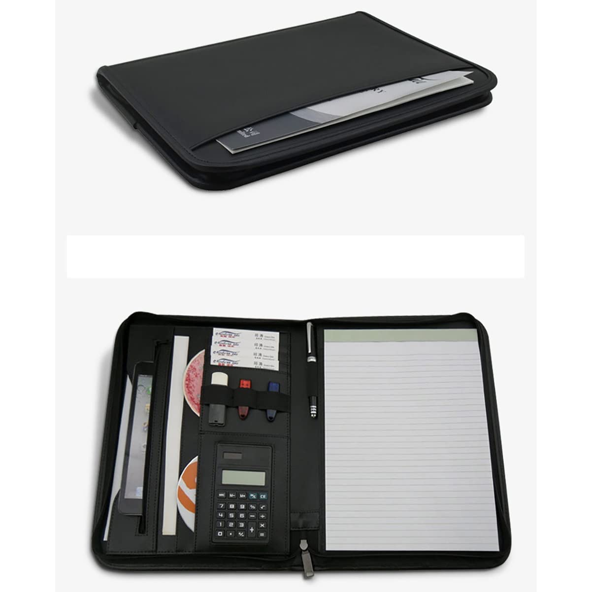 Segregator A4 Padfolio, segregator ze skóry PU z 20-stronicowym notatnikiem i uchwytem na długopisy, teczka na dokumenty A4 do CV, 7 zeszytów lub 6 notatników z kalkulatorem