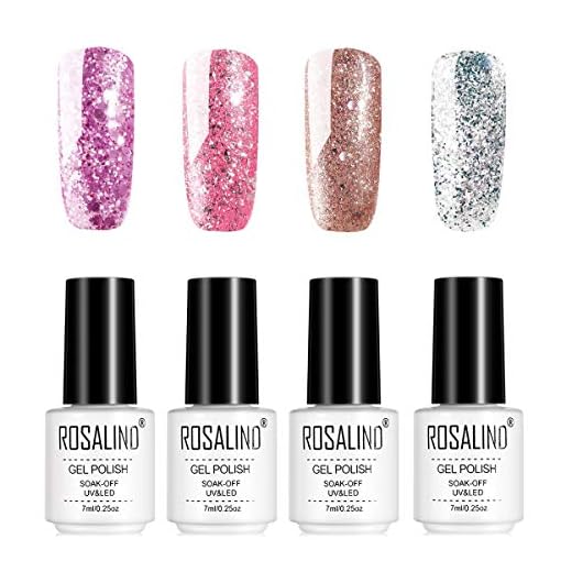 ROSALIND Glitter Rose Gold Uñas Esmalte en gel UV LED Barniz Efecto Brillante Arte Decoración Manicura Pedicura 4 botellas 7 ml