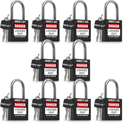 Image of TRADESAFE Lockout Tagout Locks Set with Master Keys - 10 Black Loto Locks Keyed Different, OSHA Compliant Lock Out Tag Out Padlocks for Lockout Tagout Kit, 2 Keys Per Lock