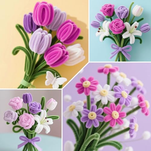 Image of ASTARON 521 Pcs 5 Colors Art Chenille Stems Pipe Cleaners Flower Making Kit | Purple Series Craft Pipe Cleaners,20 Floral Wires,Green Gardening Tape, Flowers Making Kit,Polyester Fluffy Pipe Cleaners Set