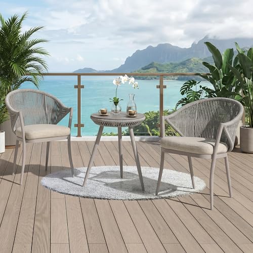 Image of BRISHI Garden Patio Seating Chair and Table Set Outdoor Balcony Garden Coffee Table Set Furniture with 1 Table and 2 Chairs Set with Cushion Braid & Rope (Gray)