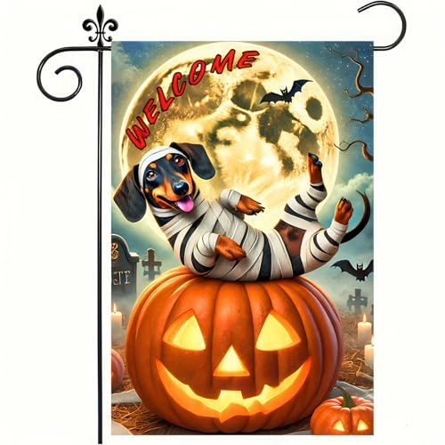 Image of Happy Halloween Garden Flags 12x18 Inch Vertical Double Sided Skeleton Dachshund Dog Garden Flag Small Yard Pumpkin Flag for Outdoor Decor Outside Decoration Banner