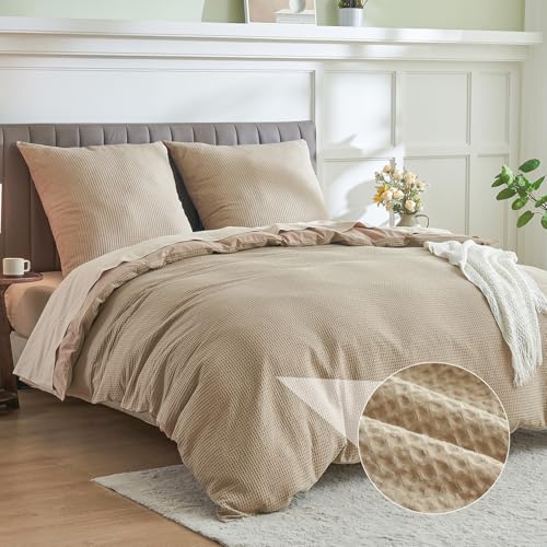 Simple&Opulence Sábanas 155 x 220 cm algodón 2 Piezas Juego de Ropa de Cama de Verano con patrón Waffle, con Funda de Almohada 80 x 80 cm, Funda de edredón certificada Ökotex, Camello