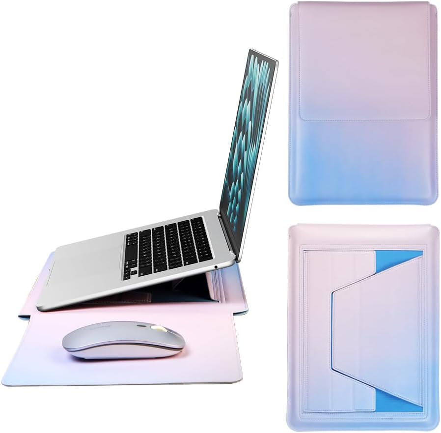 IMMOENUC 14 Inch 3-in-1 Laptop Sleeve with Adjustable Stand & Built-in Mouse Pad, PU Leather Protective Bag for 2026 MacBook Neo, 2026-2022 MacBook Air 13.6, 2026-2023 MacBook Pro 14, Icelandic Blue