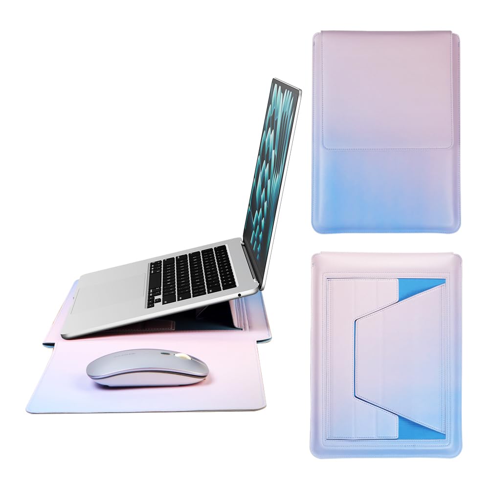 IMMOENUC-Laptop Sleeve Case with Stand for MacBook Pro 16 A3403/A3186/A2991/A2780/A2485/A2141 M4 M3 M2 M1 Pro/Max MacBook Air 15 A3241/A3114/A2941 16 inch PU Slim Bag with Mouse Pad?Icelandic Blue?