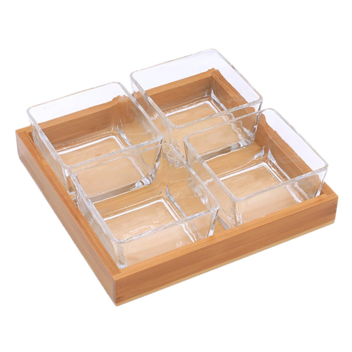 Hemobllo Plateaux En Verre Divisés 4 Compartiments 28 Cm Support Bois Naturel Service Fruits Secs Noix Apéritif Maison Restaurant Fête