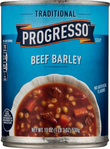 Image of Progresso Traditional Beef Barley Canned Soup, 19 oz | Chopped beef, barley & savory vegetables in hearty beef broth, 110 calories per serving, No artificial flavors