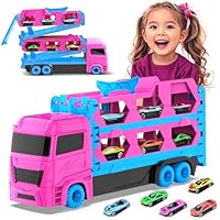 VATOS Transport Truck Toys Cars for Girls Ages 3 4 5 6, Portable Truck Toy with 6 Race Cars, Best Gift Carrier Vehicles Toys Set for Toddlers Kids