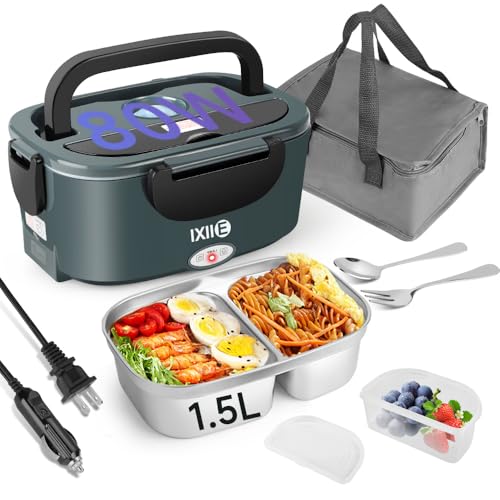 Electric Lunch Box 80W, 1.5L Lunch Warmer with 2 Compartments for Truck/Car/Work, Fast Portable Heated Lunch Box Food Warmer Heater 12/24/110V, Removable Stainless Steel Container
