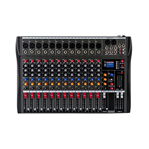 Mesa de mezclas profesional, mezclador de audio de estudio de 12 canales con base de micrófono XLR, alimentación fantasma de 48 V, con Bluetooth, control en tiempo real, controlador de sonido DJ