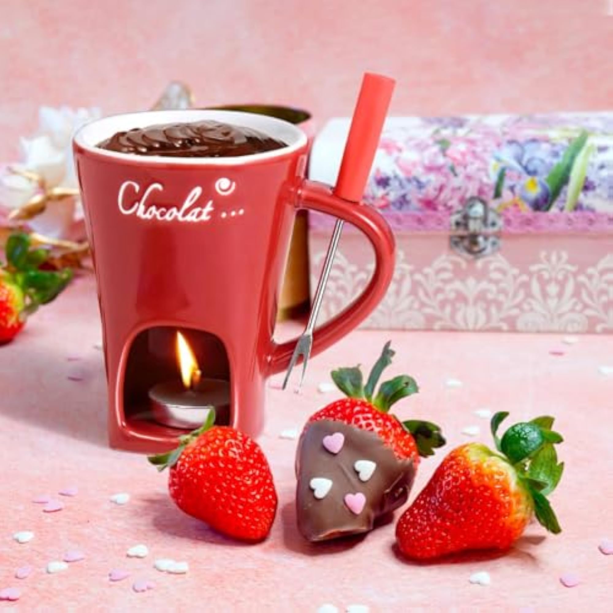 Ceramic Heart Pattern Fondue Set for Couples, Gift