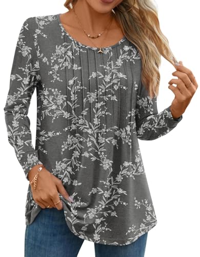 Anyhold Women's Fall Long Sleeve Tops Dressy Casual Shirts Crew Neck Tunics Pleated Blouses to wear with leggings