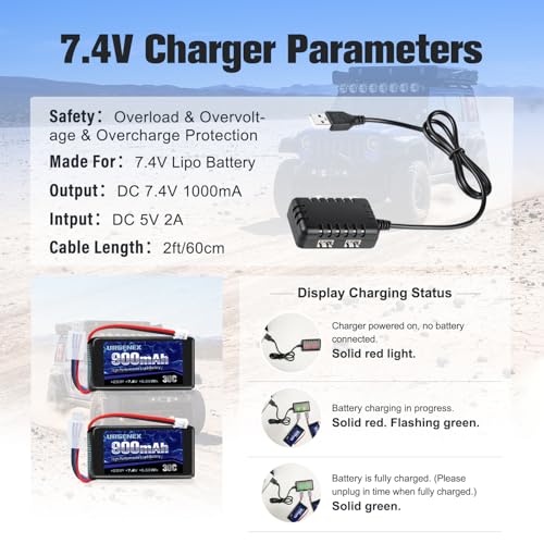 Image of SCX24 Battery 7.4V Lipos 2S 30C(Burst 60C) 900mAh Rechargeable Lithium Battery with PH2.0 Plug Compatible with Most 1 /10, 1 /16, 1 /18, 1 /24 Scale RC Cars Trucks with 1TO2 USB Charger