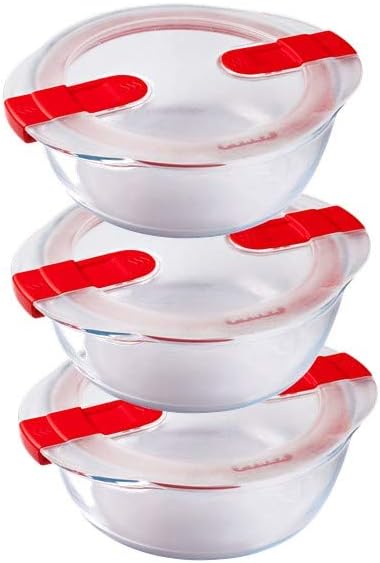 Pyrex Cook and Heat Cook & Heat Set of 3 Round Glass Food Containers 1.1 L with Airtight Lid for Microwaves