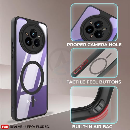 Image of AESTMO Realme 14 Pro Plus 5G Back Cover | 360 Protection | Crystal Clear Hard Back Transparent | Compatible with MagSafe Accessories for Realme 14 Pro Plus 5G (PC+TPU, Black Bumper)
