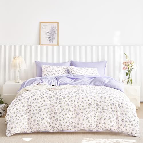 Wake In Cloud - Floral Comforter Set with Sheets Coquette Cottagecore Aesthetic Flower Shabby Chic Pattern for Women Teen Girls 7 Pieces Bed in a Bag White Purple Full Size