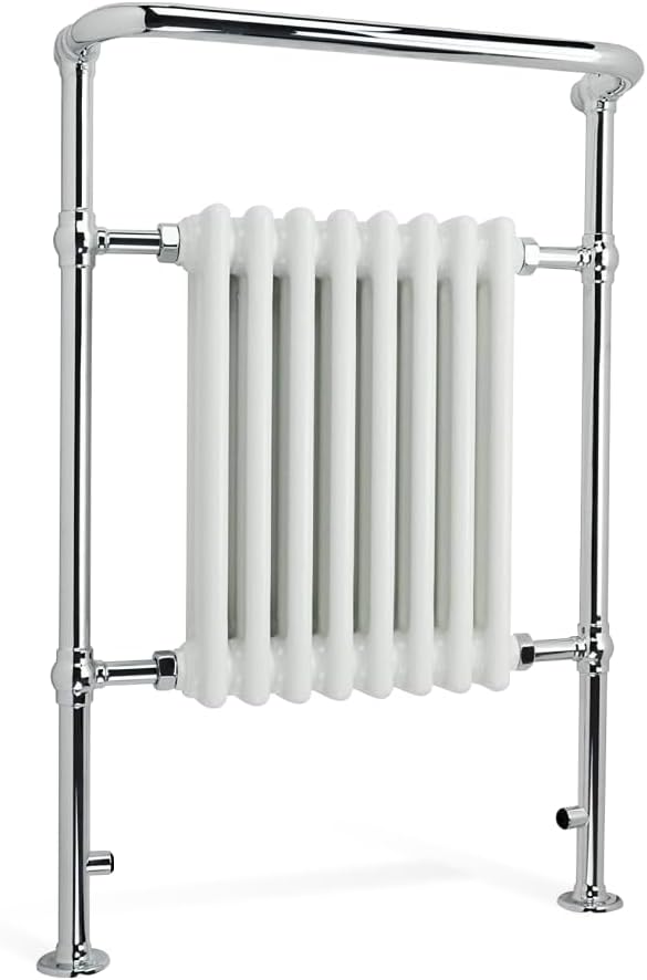iBathUK Ascot Traditional Floor Mounted Heated Towel Radiator with Wall Support, 8 Column Steel High Thermal Output Hydronic Central Heating, Curved Towel Rail in Chrome/Gloss White, 952 × 659mm