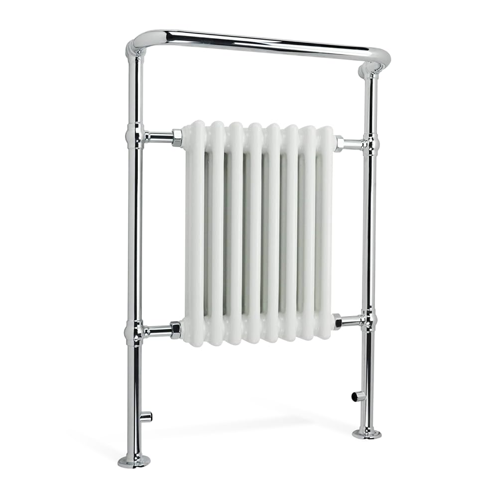 iBathUK Ascot Traditional Floor Mounted Heated Towel Radiator with Wall Support, 8 Column Steel High Thermal Output Hydronic Central Heating, Curved Towel Rail in Chrome/Gloss White, 952 × 659mm