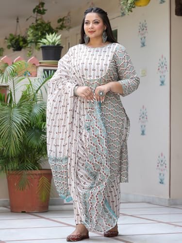 Image of YUFTA White And Green Printed Cotton Straight Plus Size Plus Size Kurta Trousers & Dupatta Set (9692PSKDWH )