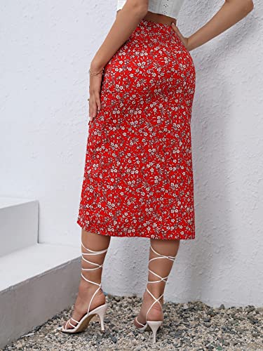 Floerns Women's Boho Floral High Waist Split A Line Midi Skirt Red Drawstring M #TOP1