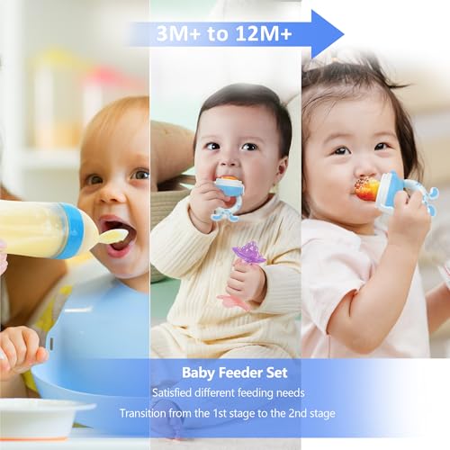 Image of WAJIAYON Baby Fruit Feeder Pacifier- 3 Pack | Infant Food Feeder Pacifier & Baby Food Dispensing Spoon | Mesh Fresh Fruit Teethers for Babies | Shower Gifts for Boys and Girls (Sky Blue)