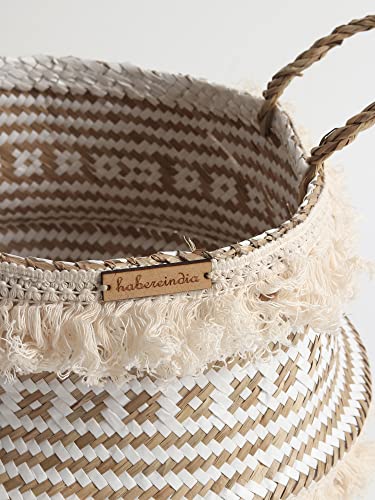Image of Habere India-All The Cultures Fabricating India Wicker Basket For Plants | Seagrass Baskets Home Decor | Bamboo Storage Organiser | Bamboo Planter Baskets Cylindrical (S) - White (Dia 25 x H22 cm)